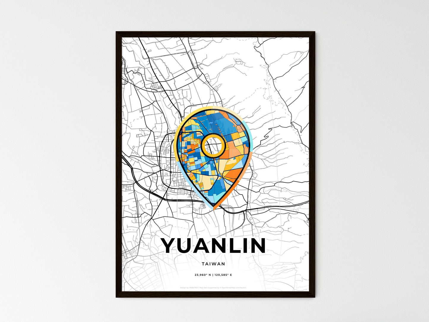 YUANLIN TAIWAN minimal art map with a colorful icon. Where it all began, Couple map gift. Style 1