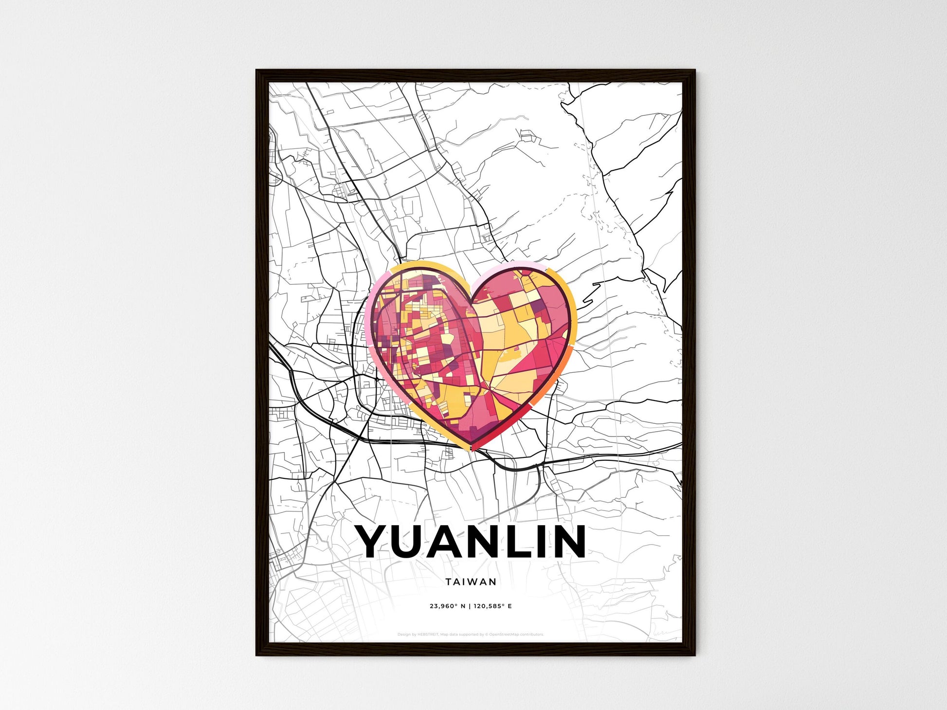 YUANLIN TAIWAN minimal art map with a colorful icon. Where it all began, Couple map gift. Style 2