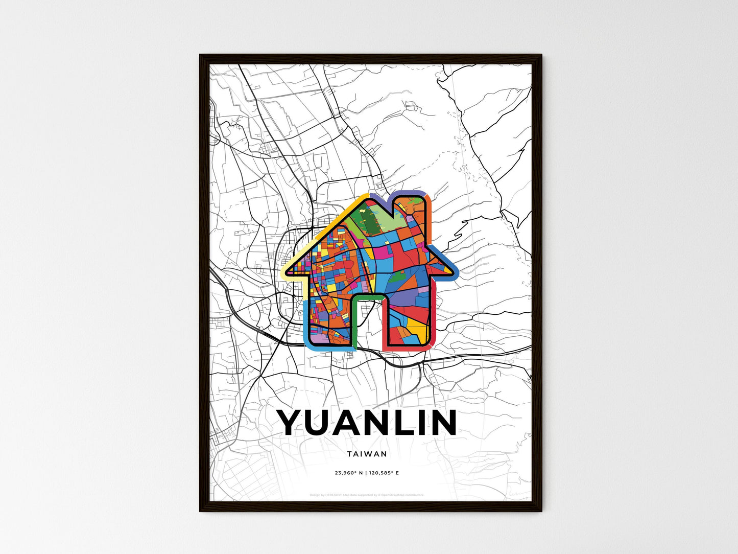 YUANLIN TAIWAN minimal art map with a colorful icon. Where it all began, Couple map gift. Style 3