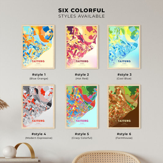 Colorful TAITUNG TAIWAN Fine Art Map Blue Orange