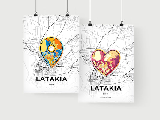 LATAKIA SYRIA minimal art map with a colorful icon. Where it all began, Couple map gift.