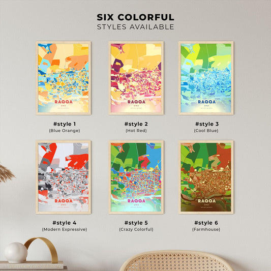 Colorful RAQQA SYRIA Fine Art Map Blue Orange