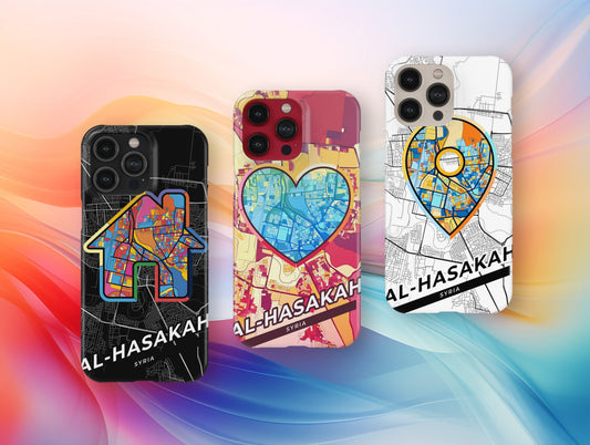 Al-Hasakah Syria slim phone case with colorful icon. Birthday, wedding or housewarming gift. Couple match cases.