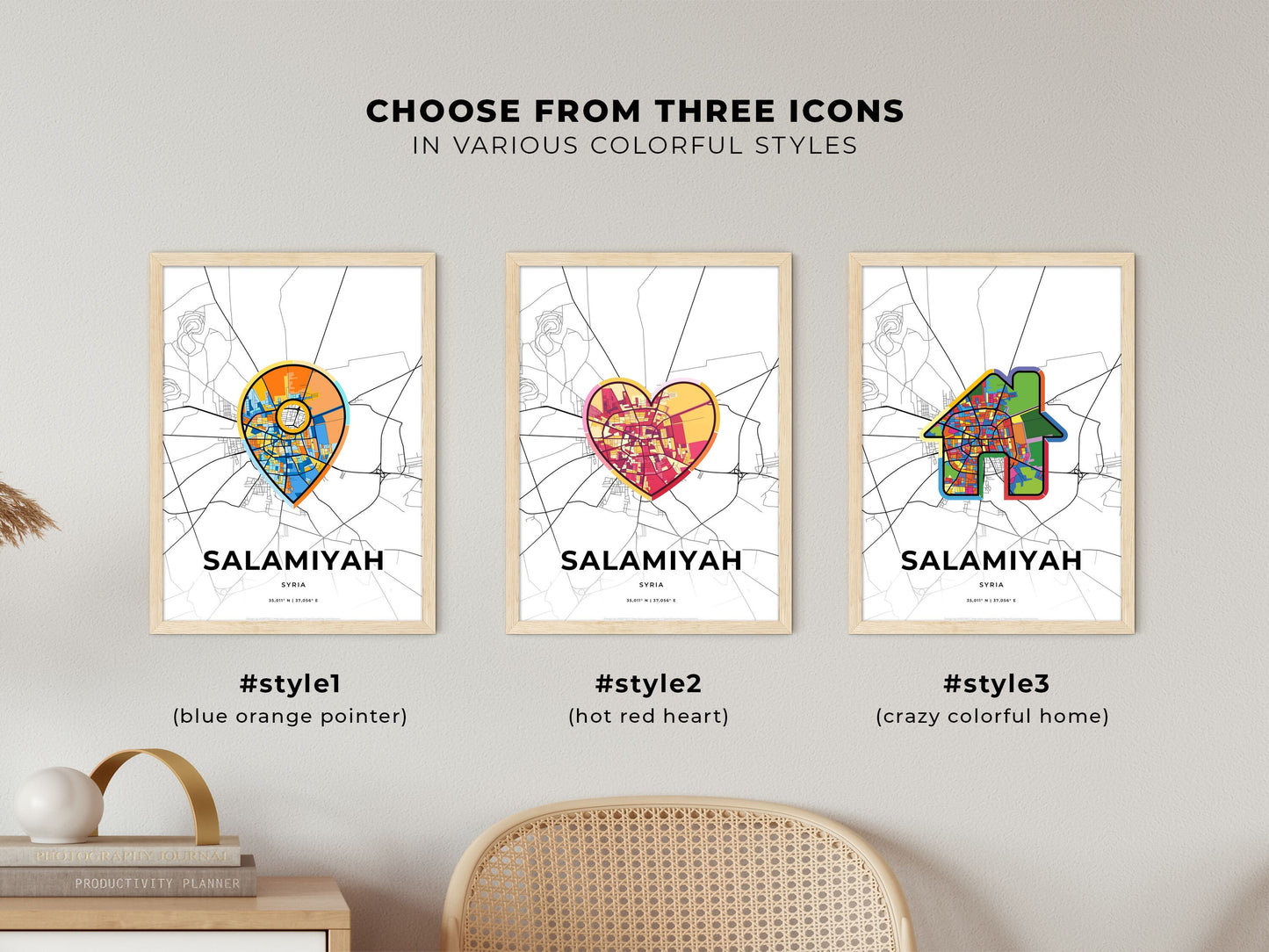 SALAMIYAH SYRIA minimal art map with a colorful icon. Where it all began, Couple map gift.