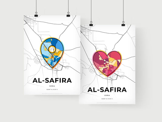 AL-SAFIRA SYRIA minimal art map with a colorful icon. Where it all began, Couple map gift.