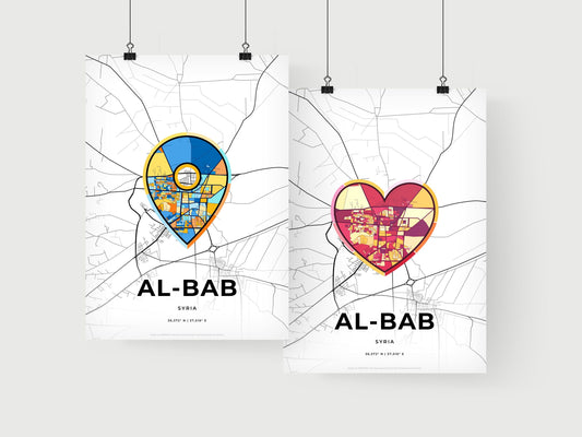 AL-BAB SYRIA minimal art map with a colorful icon. Where it all began, Couple map gift.