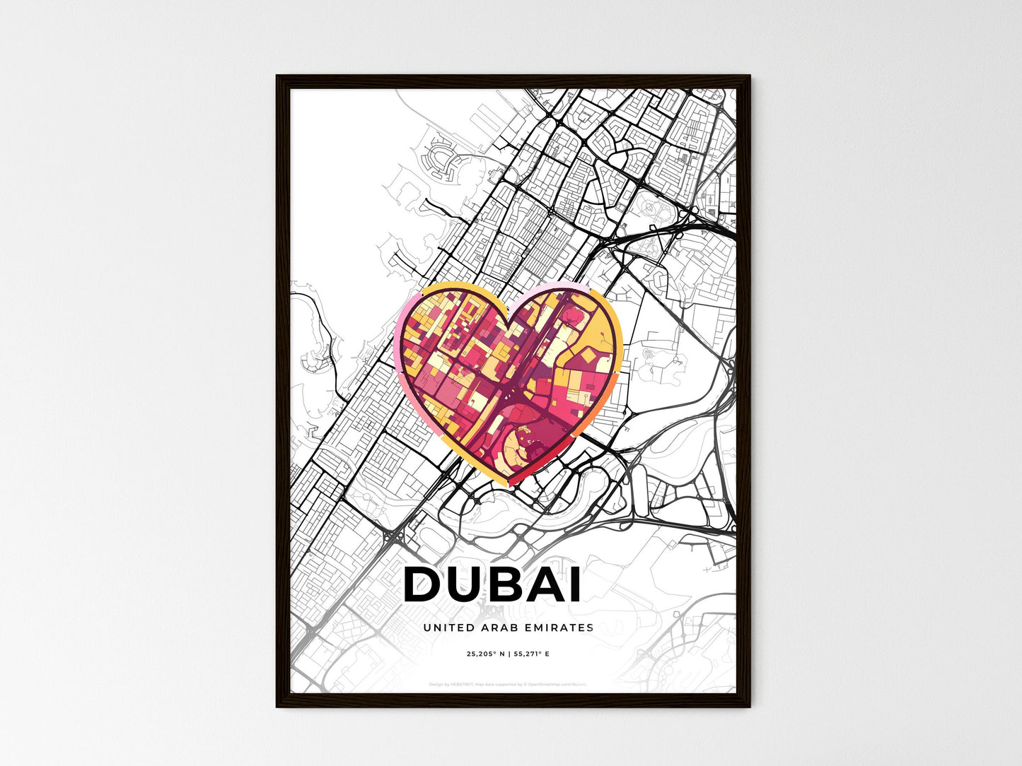 Dubai United Arab Emirates wedding art map with heart icon