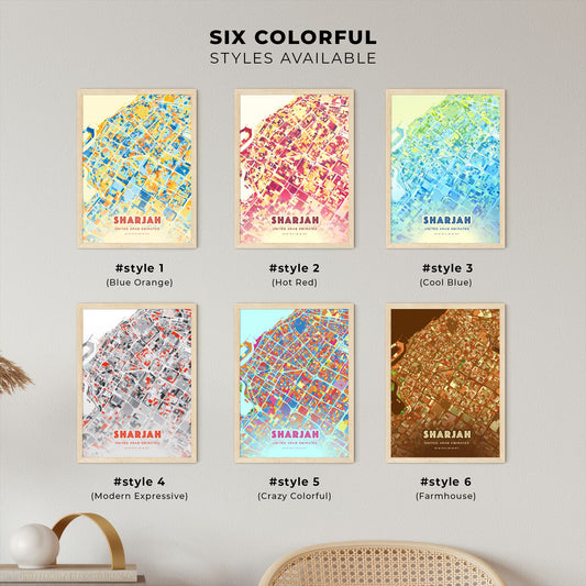 Colorful SHARJAH UNITED ARAB EMIRATES Fine Art Map Blue Orange