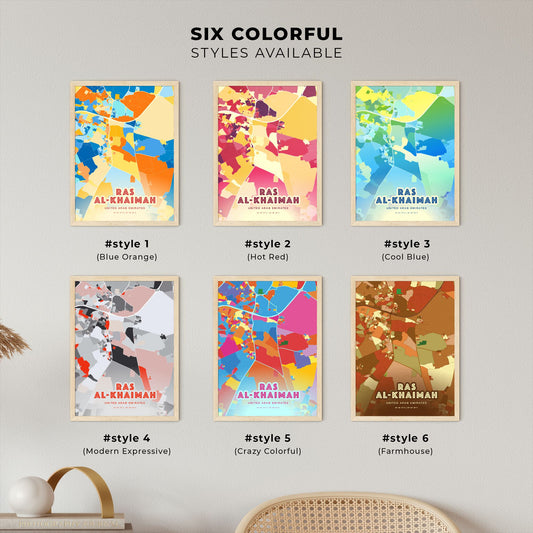 Colorful RAS AL-KHAIMAH UNITED ARAB EMIRATES Fine Art Map Blue Orange