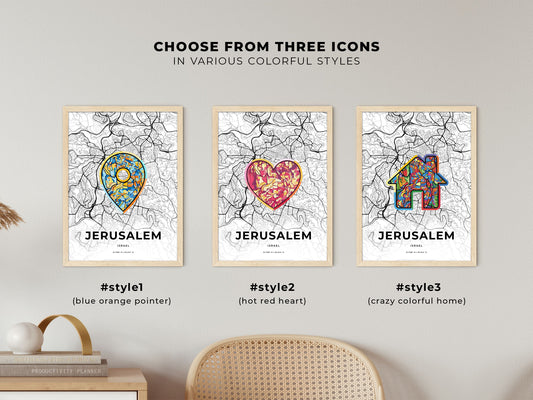 Jerusalem Israel maps with colorful icons