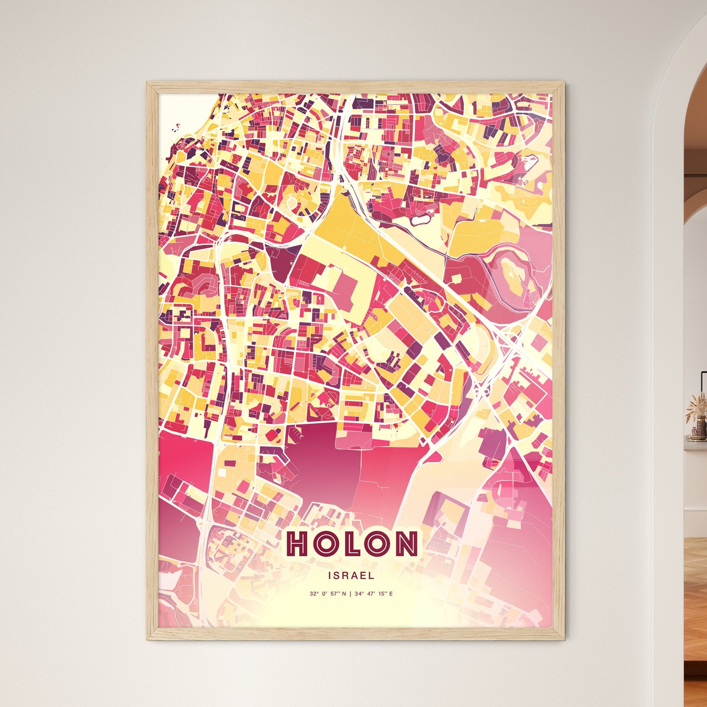 Colorful HOLON ISRAEL Fine Art Map Hot Red