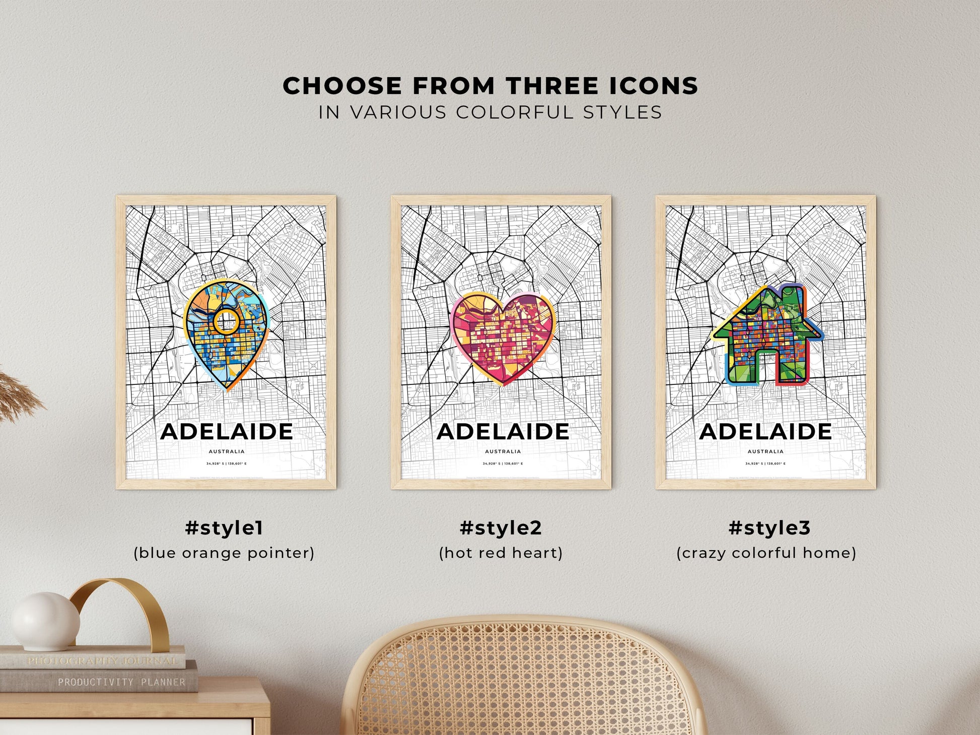 ADELAIDE AUSTRALIA minimal art map with a colorful icon. Where it all began, Couple map gift.