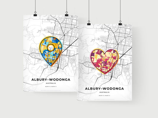 ALBURY–WODONGA AUSTRALIA minimal art map with a colorful icon. Where it all began, Couple map gift.