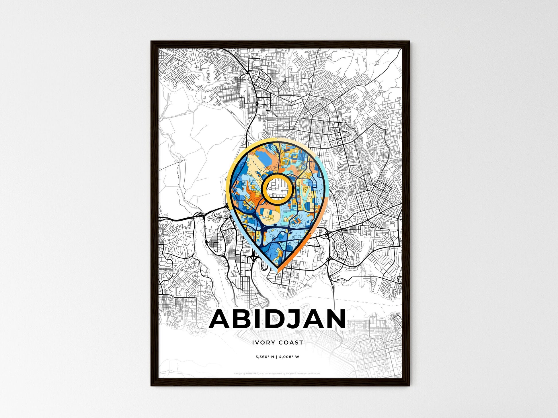 ABIDJAN IVORY COAST minimal art map with a colorful icon. Where it all began, Couple map gift. Style 1