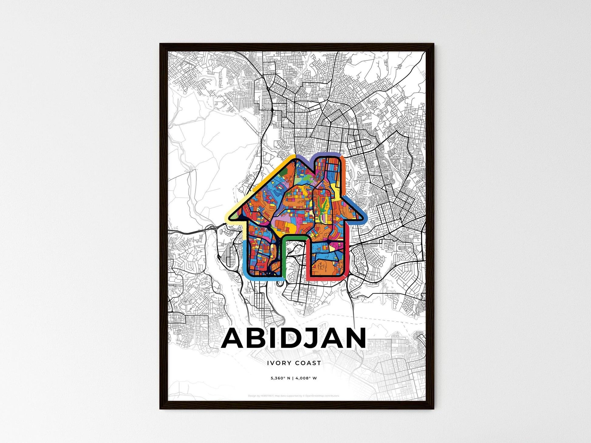 ABIDJAN IVORY COAST minimal art map with a colorful icon. Where it all began, Couple map gift. Style 3