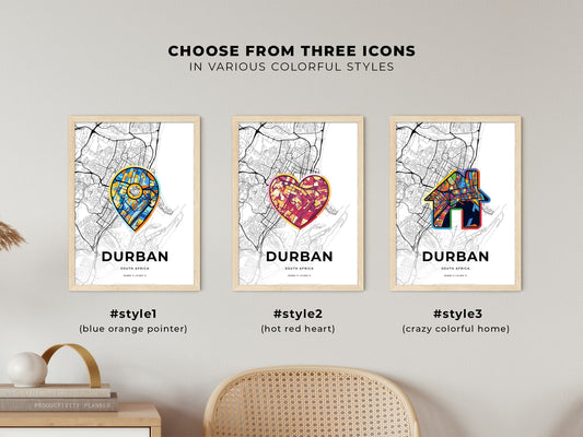 Durban South Africa maps with colorful icons