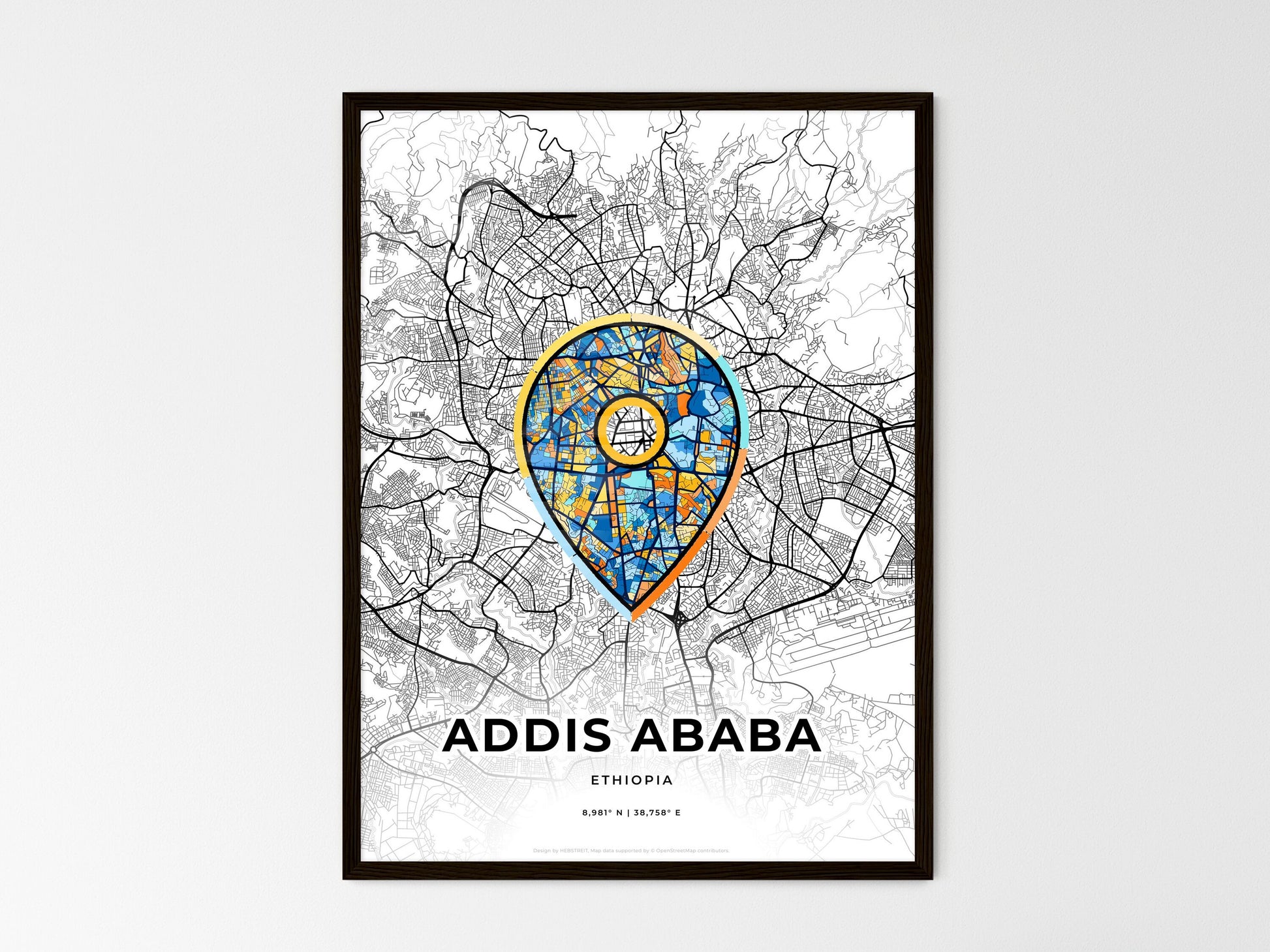 ADDIS ABABA ETHIOPIA minimal art map with a colorful icon. Where it all began, Couple map gift. Style 1