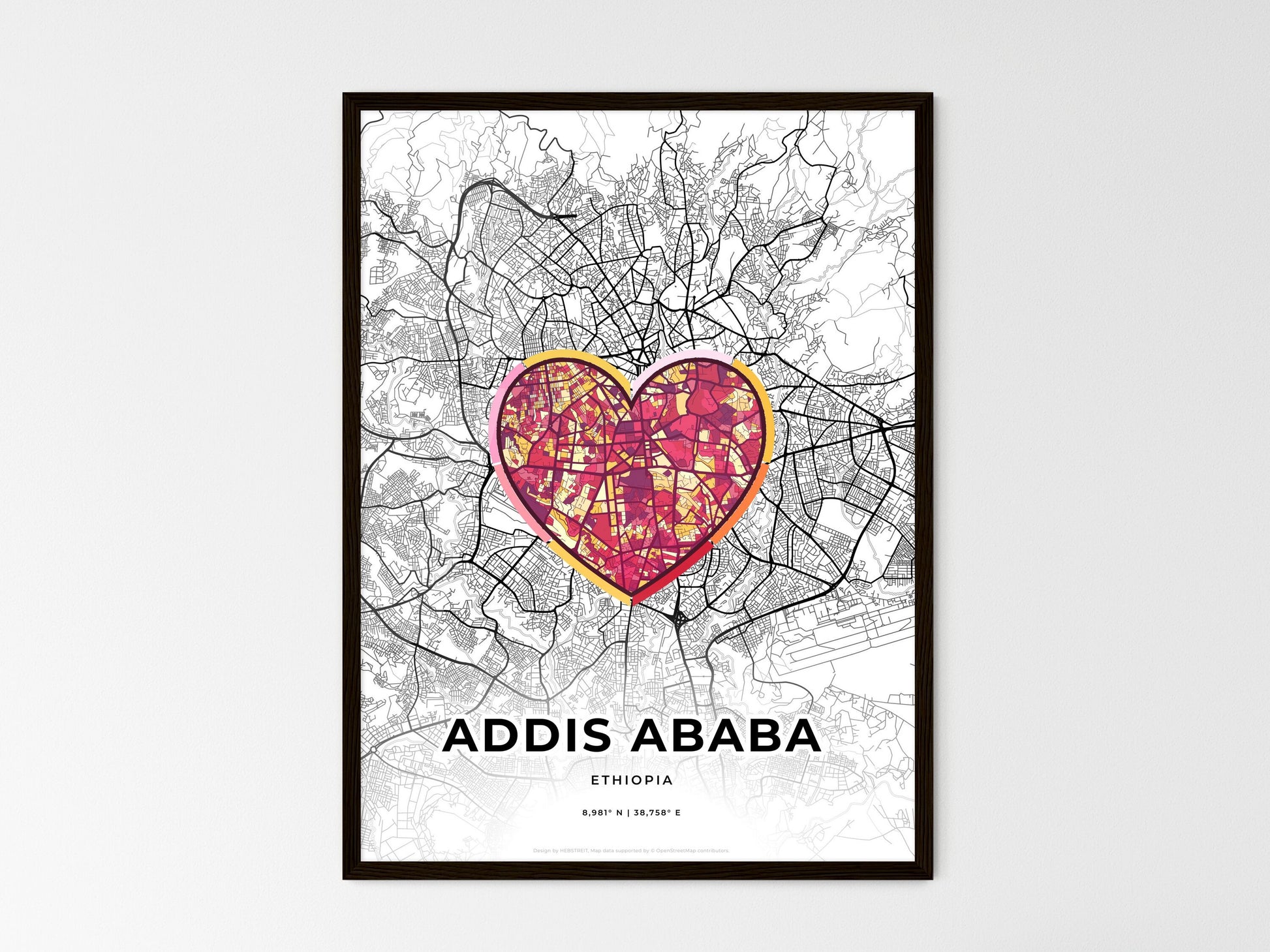 ADDIS ABABA ETHIOPIA minimal art map with a colorful icon. Where it all began, Couple map gift. Style 2