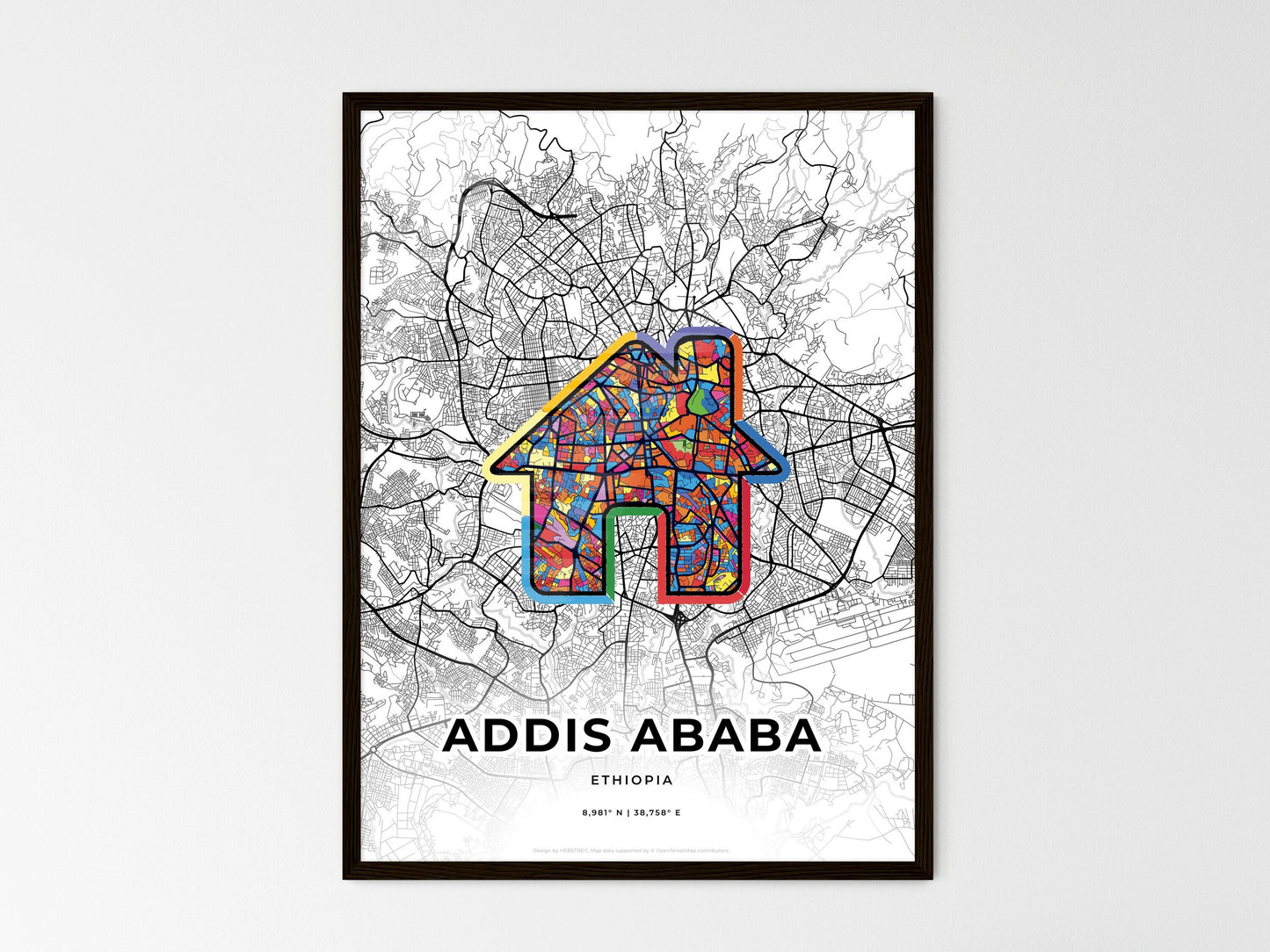 ADDIS ABABA ETHIOPIA minimal art map with a colorful icon. Where it all began, Couple map gift. Style 3