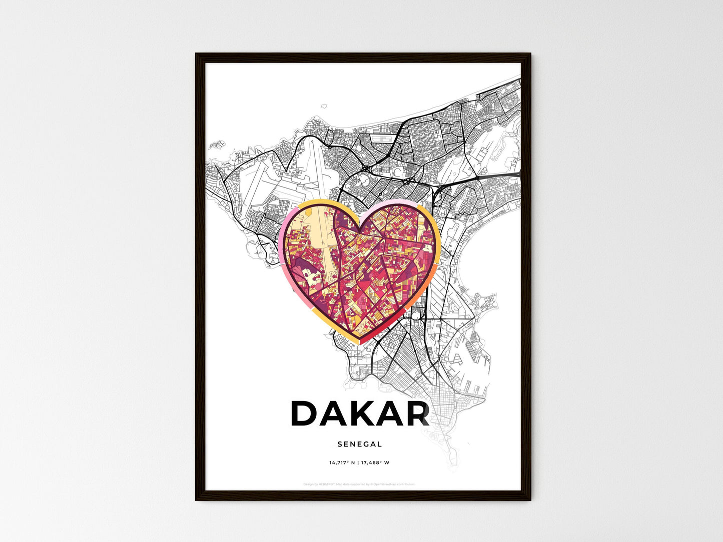 Dakar Senegal wedding art map with heart icon