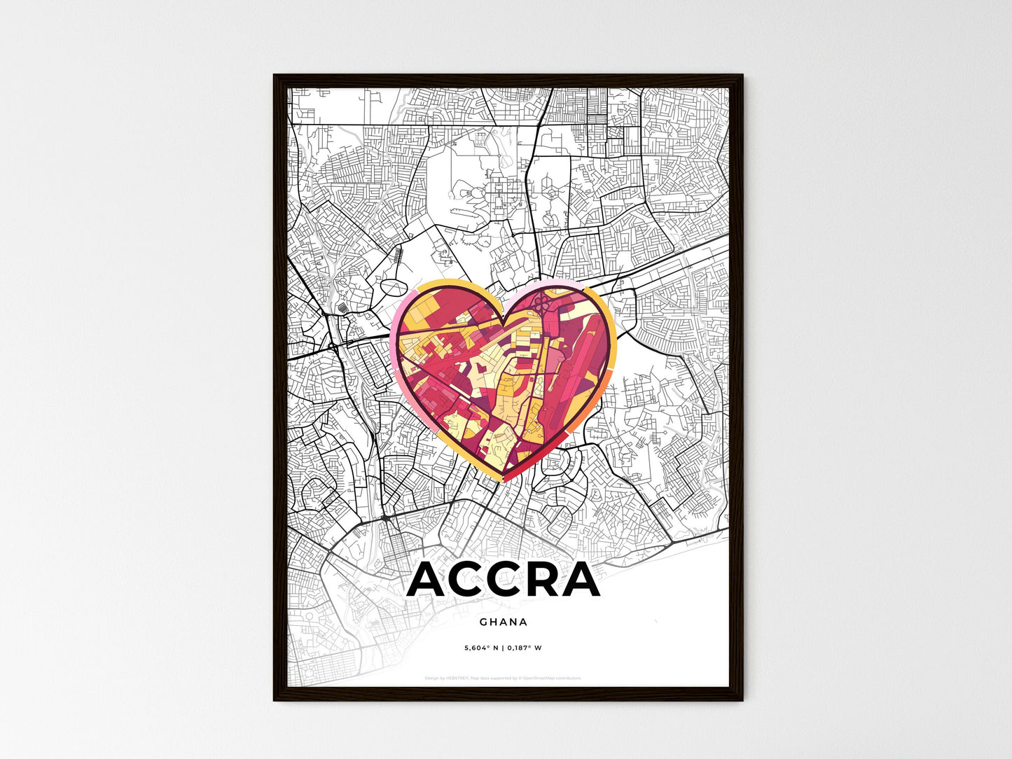 Accra Ghana wedding art map with heart icon