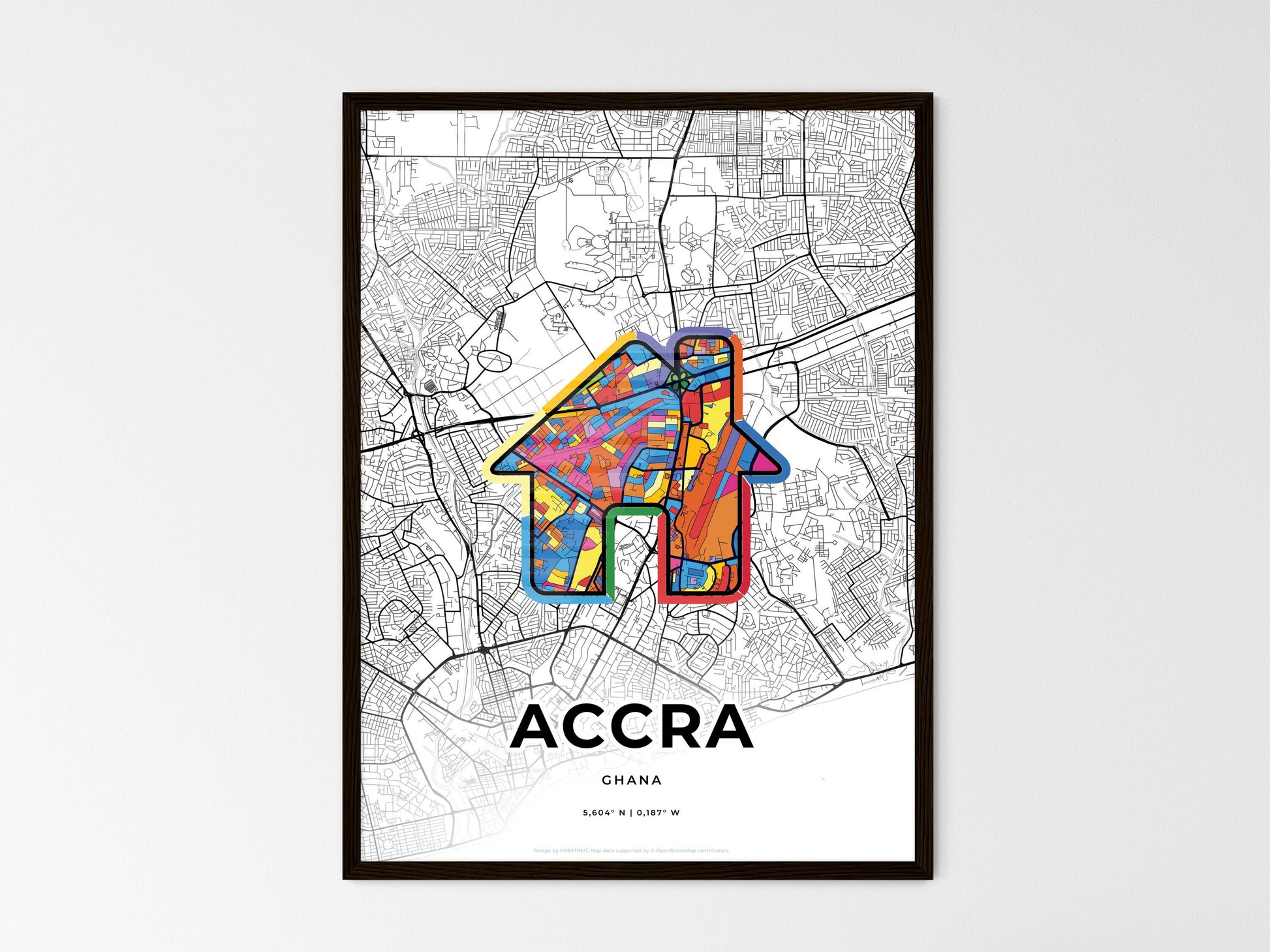 ACCRA GHANA minimal art map with a colorful icon. Where it all began, Couple map gift. Style 3
