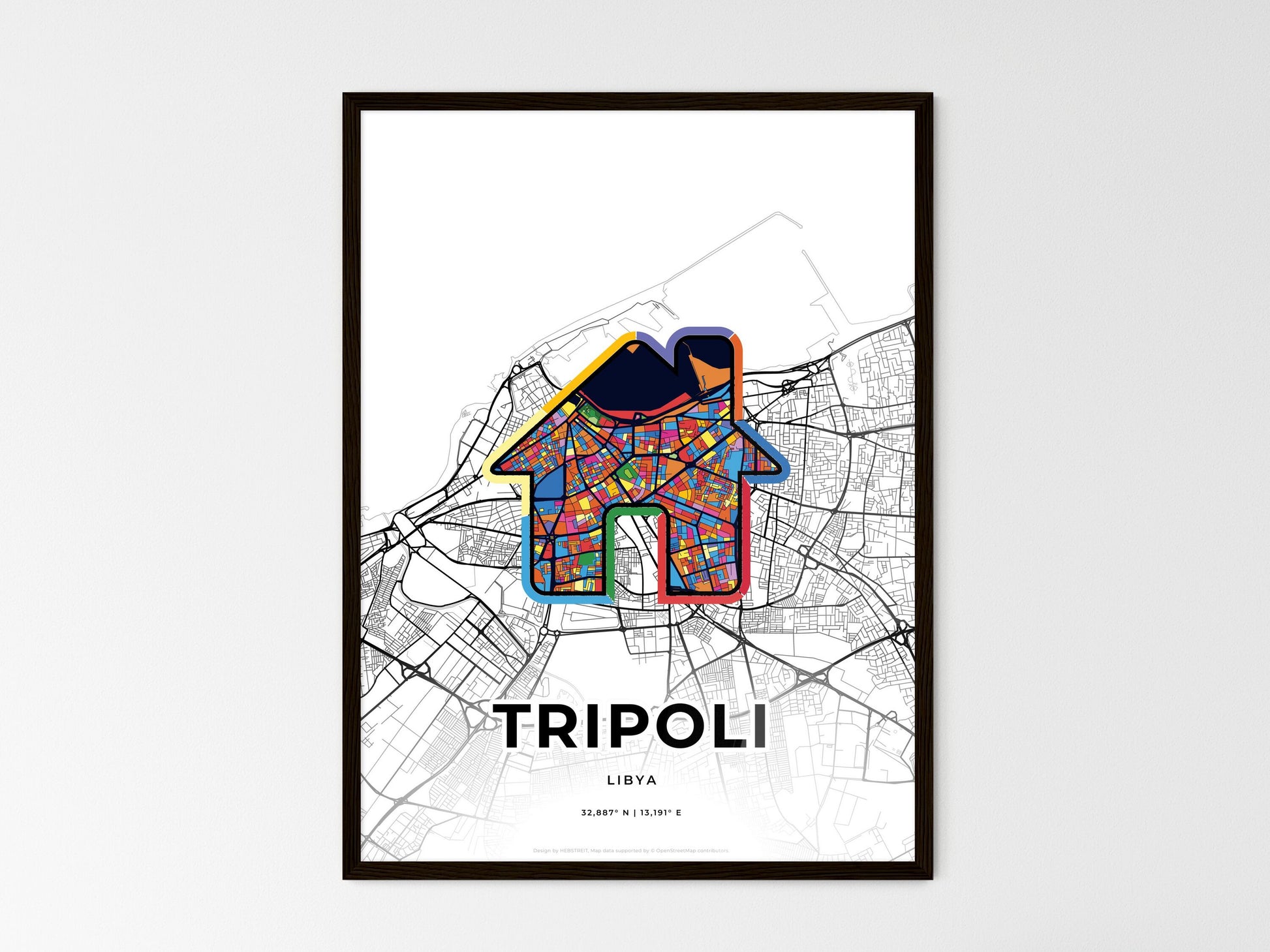TRIPOLI LIBYA minimal art map with a colorful icon. Where it all began, Couple map gift. Style 3