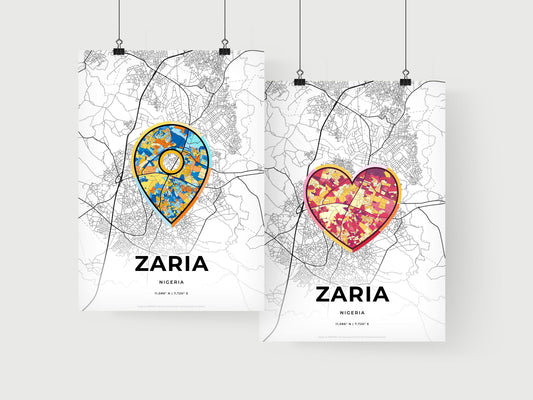 ZARIA NIGERIA minimal art map with a colorful icon. Where it all began, Couple map gift.