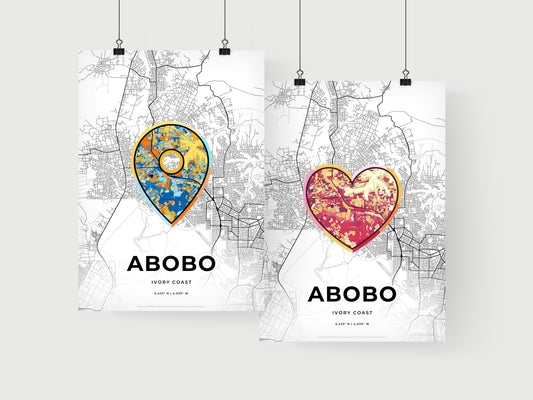 ABOBO IVORY COAST minimal art map with a colorful icon. Where it all began, Couple map gift.