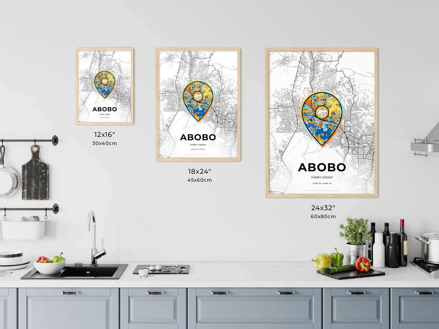 ABOBO IVORY COAST minimal art map with a colorful icon. Where it all began, Couple map gift.