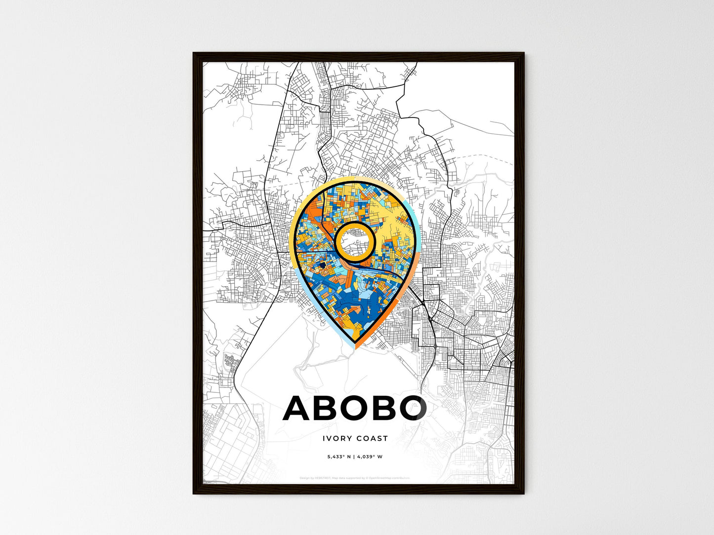 ABOBO IVORY COAST minimal art map with a colorful icon. Where it all began, Couple map gift. Style 1