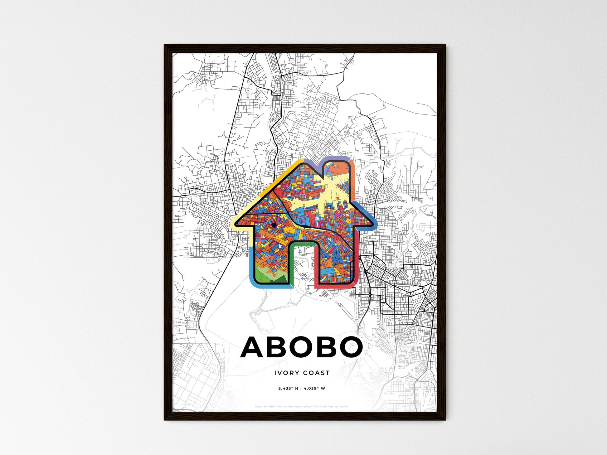 ABOBO IVORY COAST minimal art map with a colorful icon. Where it all began, Couple map gift. Style 3