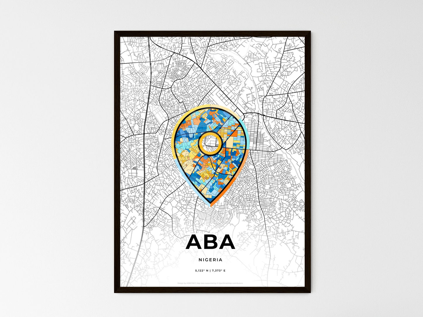 ABA NIGERIA minimal art map with a colorful icon. Where it all began, Couple map gift. Style 1