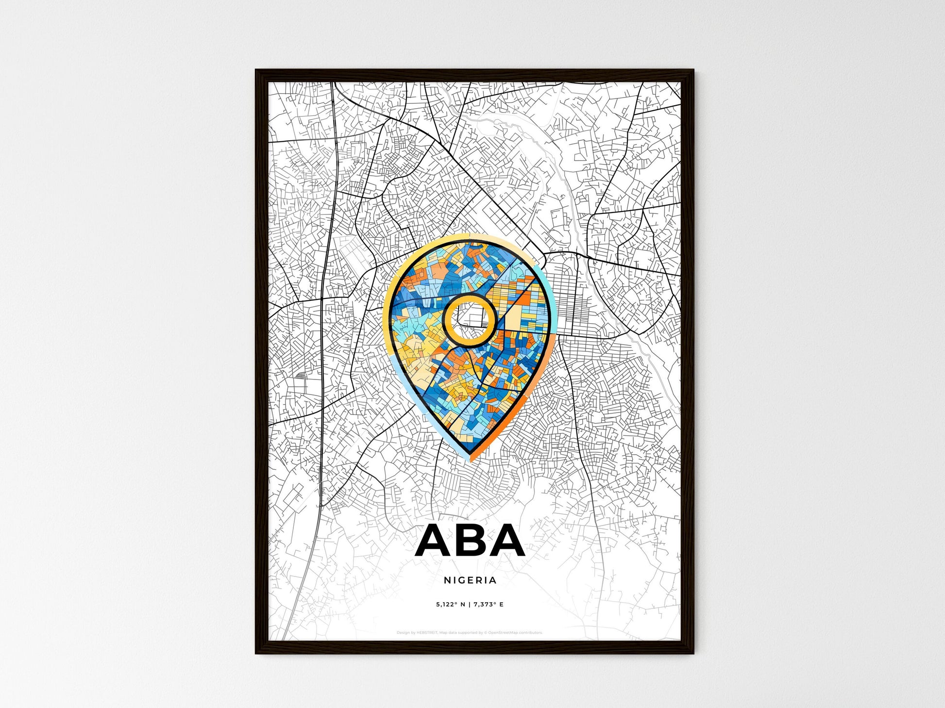 ABA NIGERIA minimal art map with a colorful icon. Where it all began, Couple map gift. Style 1