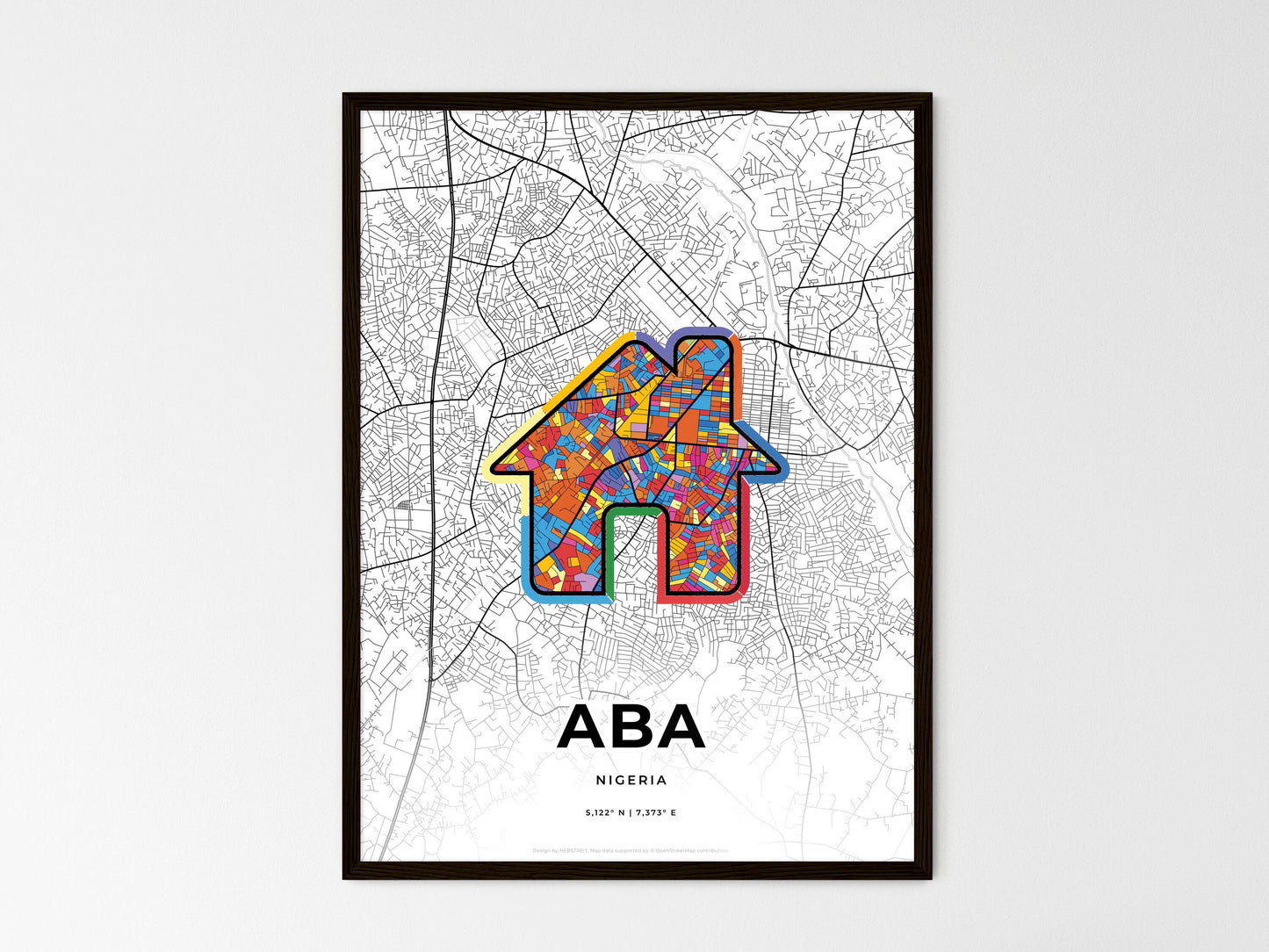 ABA NIGERIA minimal art map with a colorful icon. Where it all began, Couple map gift. Style 3