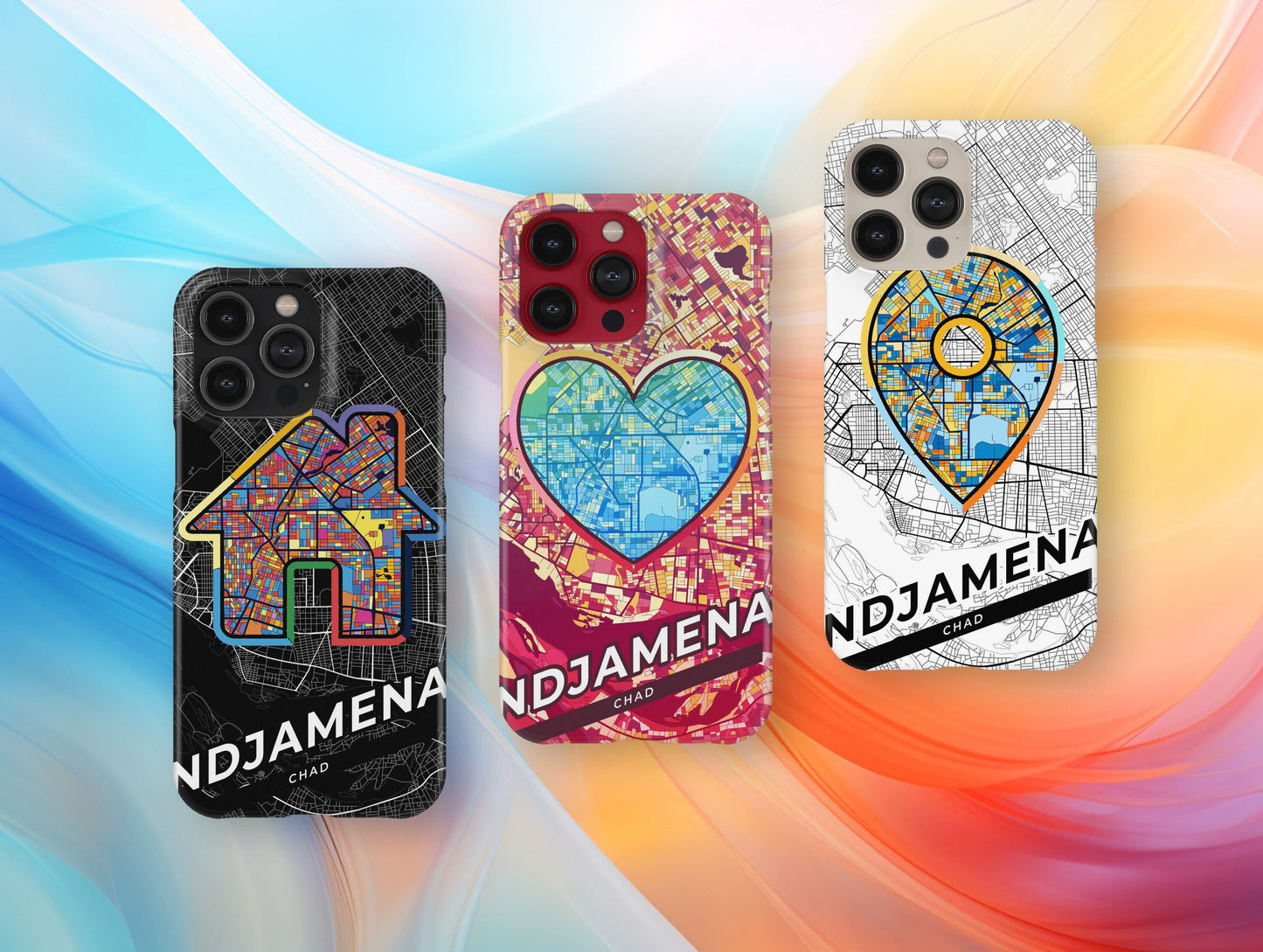 Ndjamena Chad slim phone case with colorful icon. Birthday, wedding or housewarming gift. Couple match cases.