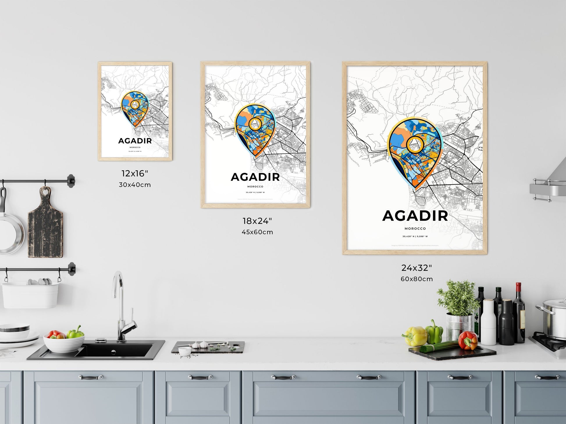AGADIR MOROCCO minimal art map with a colorful icon. Where it all began, Couple map gift.