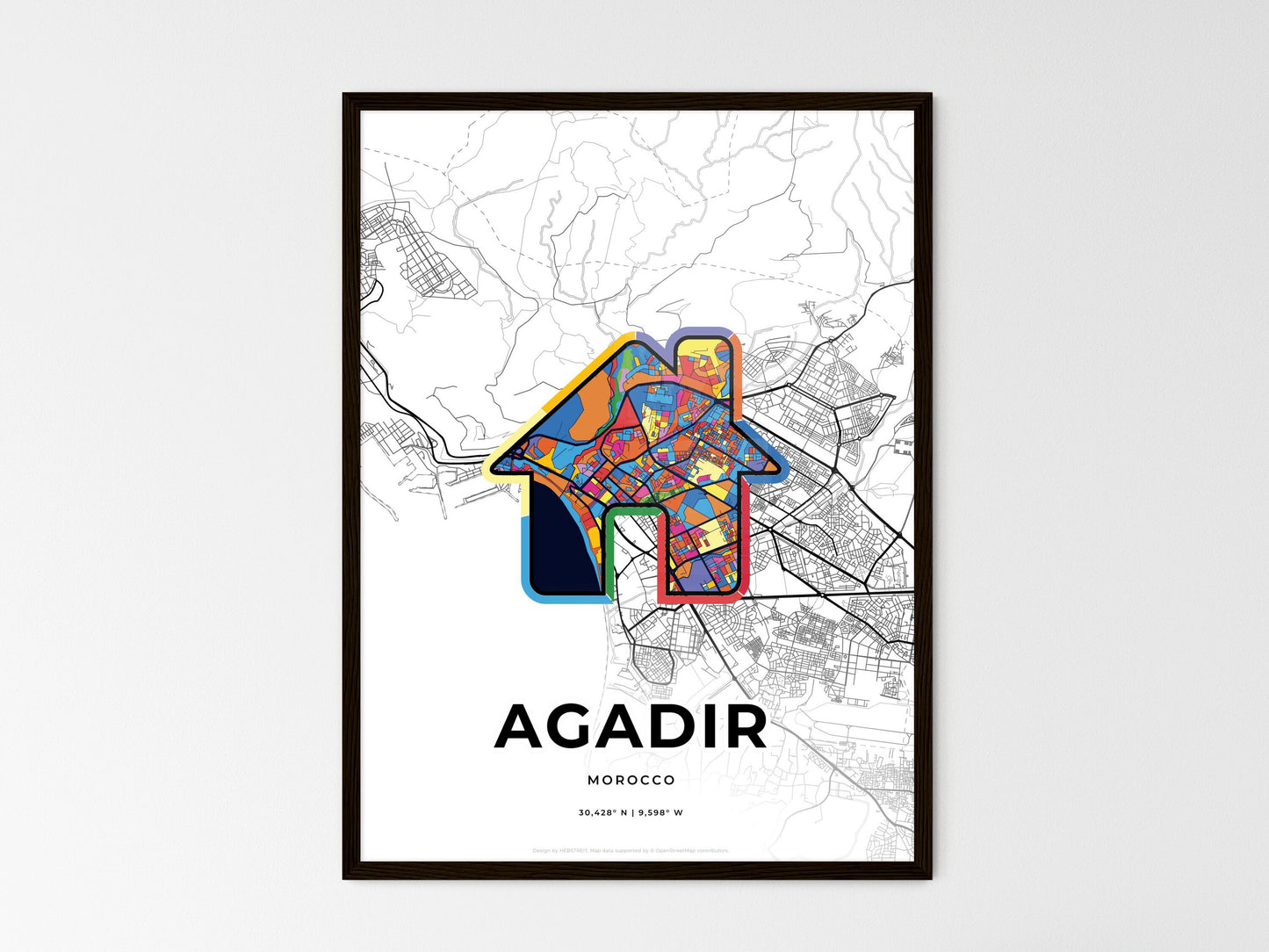 AGADIR MOROCCO minimal art map with a colorful icon. Where it all began, Couple map gift. Style 3