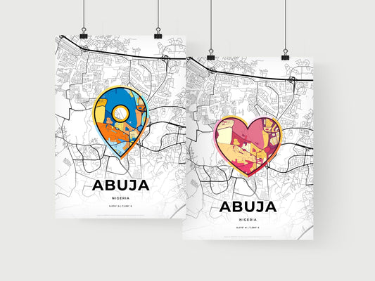 ABUJA NIGERIA minimal art map with a colorful icon. Where it all began, Couple map gift.