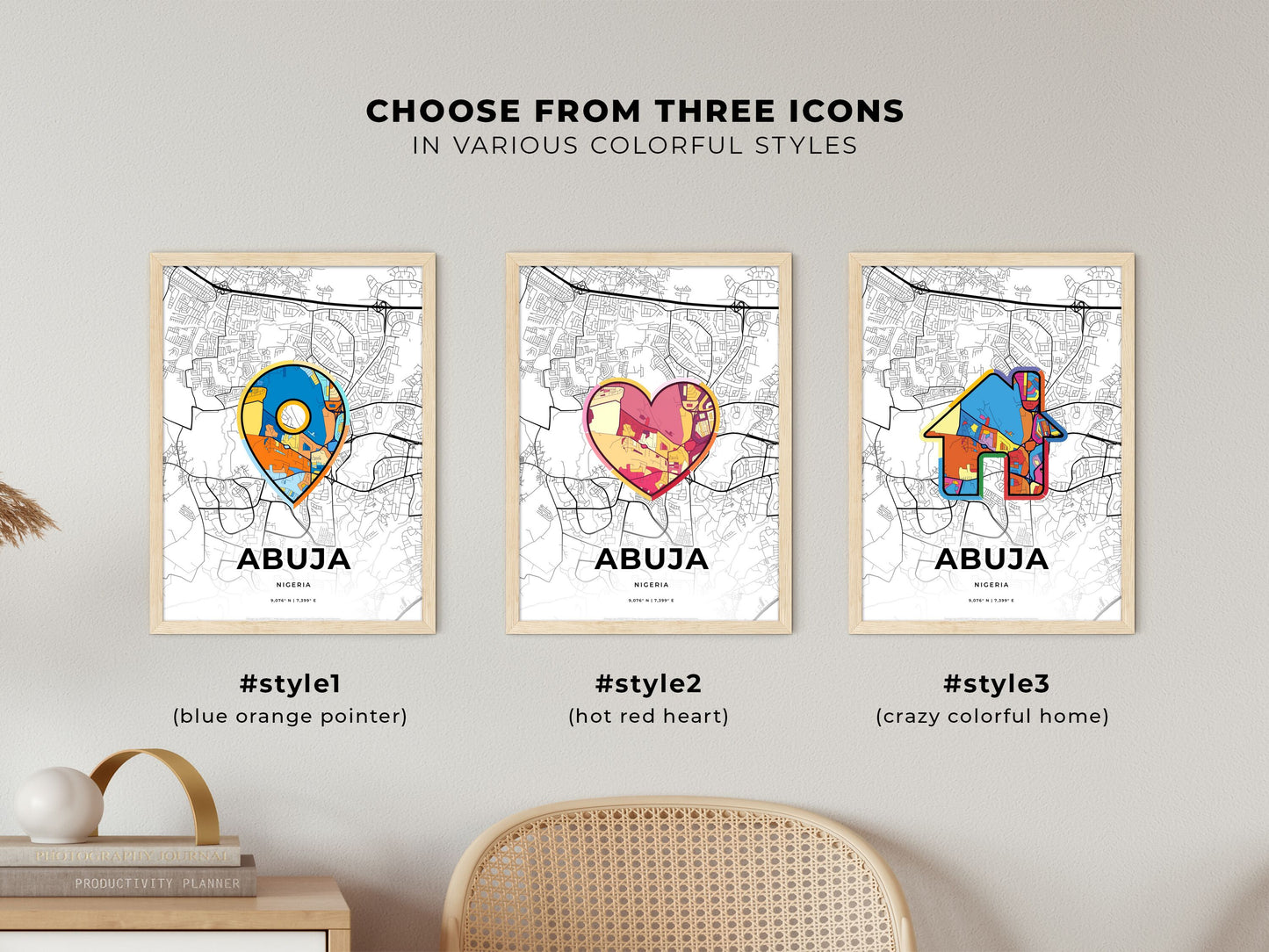 ABUJA NIGERIA minimal art map with a colorful icon. Where it all began, Couple map gift.