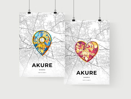 AKURE NIGERIA minimal art map with a colorful icon. Where it all began, Couple map gift.
