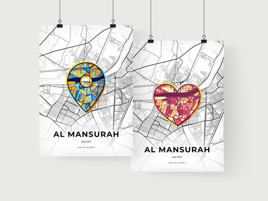 AL MANSURAH EGYPT minimal art map with a colorful icon. Where it all began, Couple map gift.