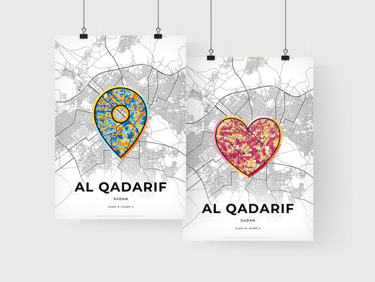 AL QADARIF SUDAN minimal art map with a colorful icon. Where it all began, Couple map gift.