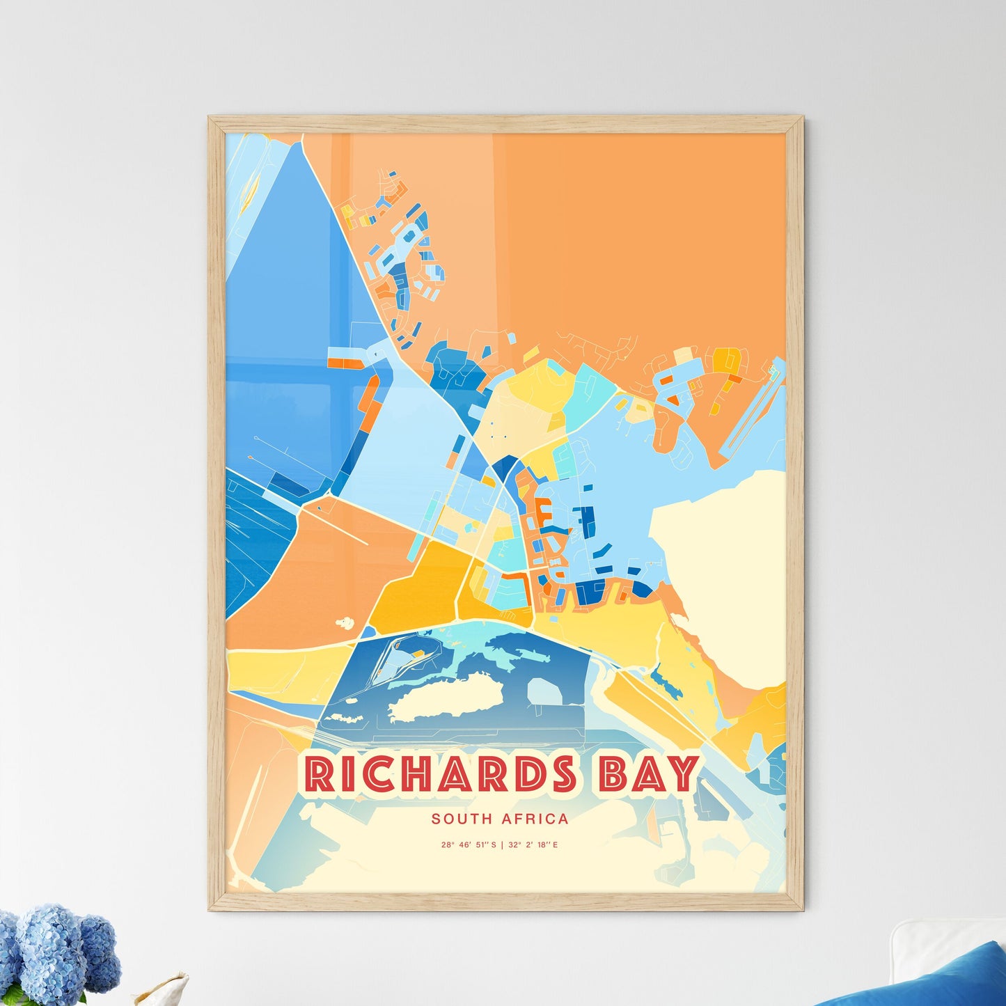 Colorful RICHARDS BAY SOUTH AFRICA Fine Art Map Blue Orange