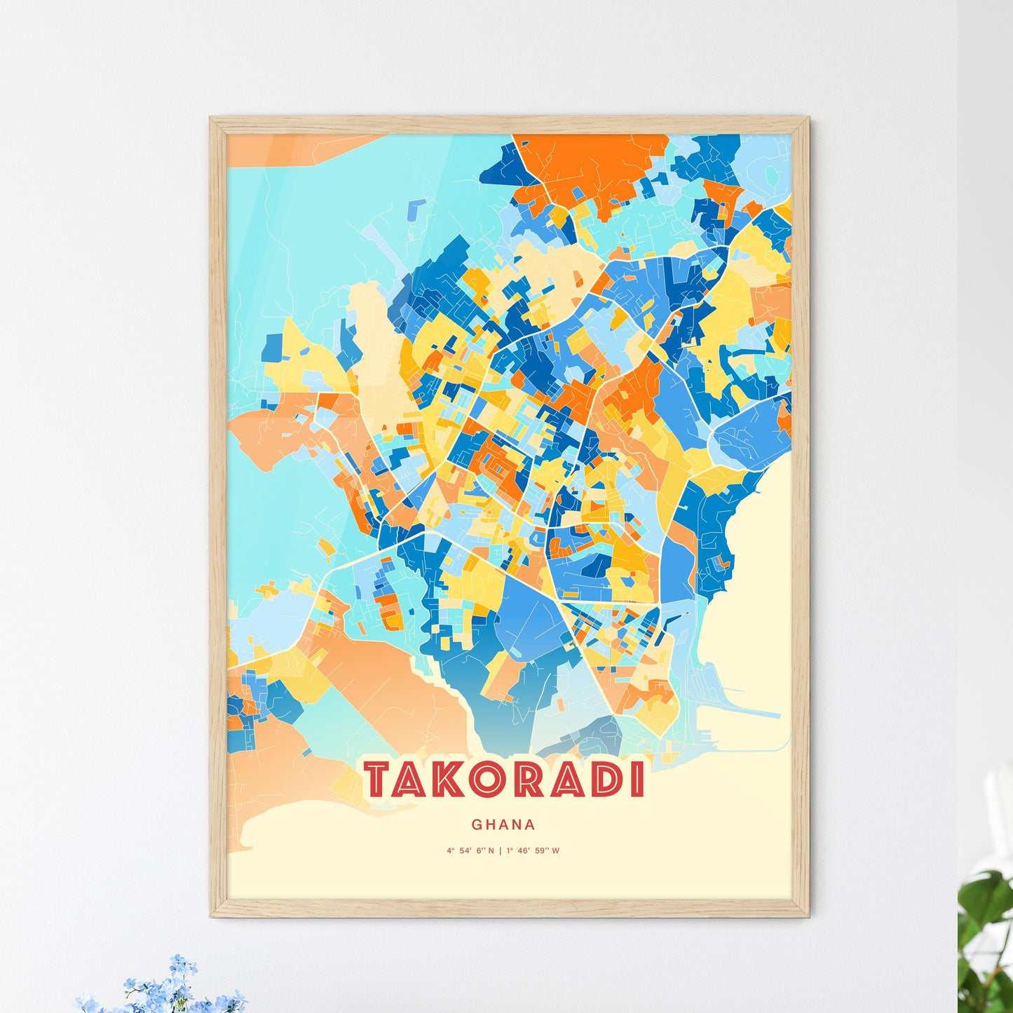 Colorful TAKORADI GHANA Fine Art Map Blue Orange