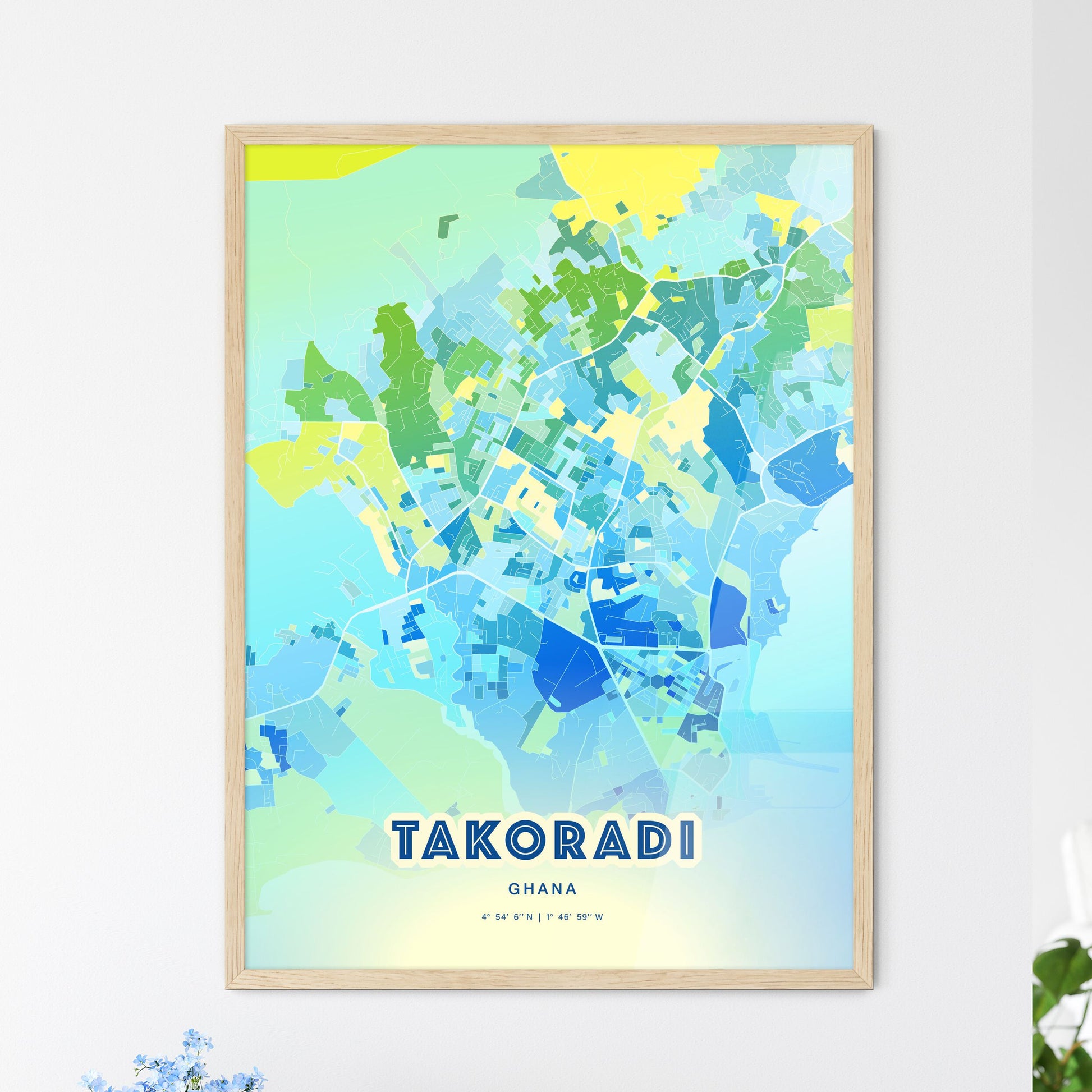 Colorful TAKORADI GHANA Fine Art Map Cool Blue