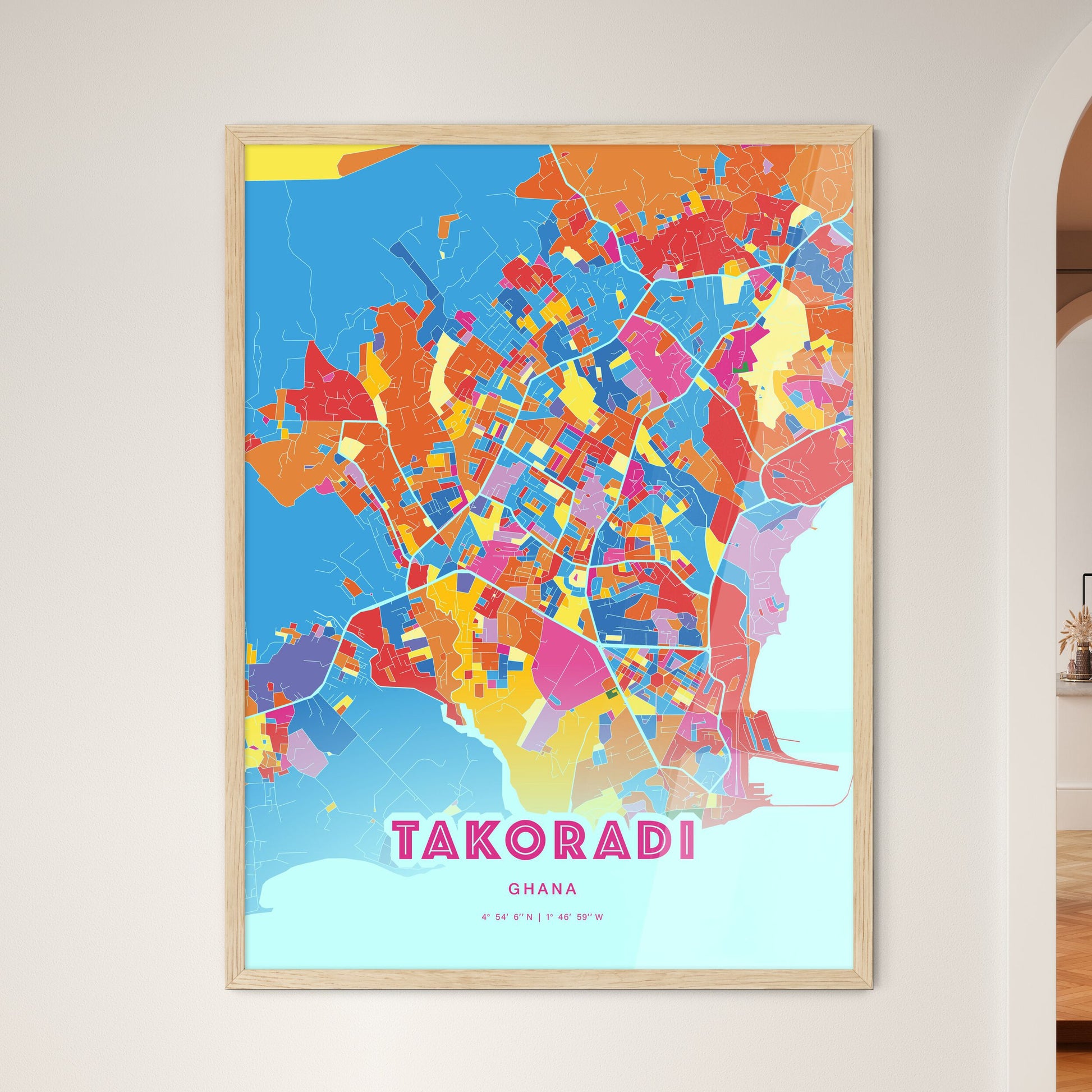 Colorful TAKORADI GHANA Fine Art Map Crazy Colors