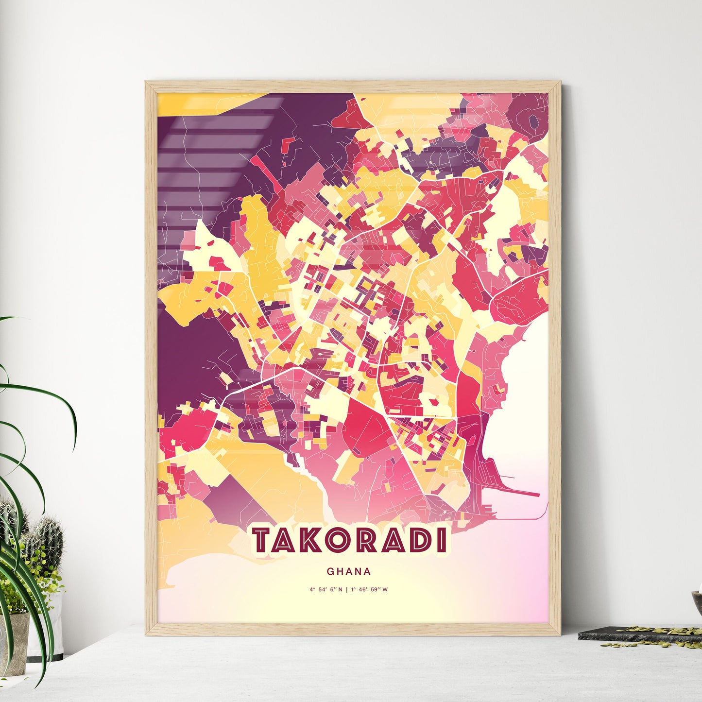 Colorful TAKORADI GHANA Fine Art Map Hot Red