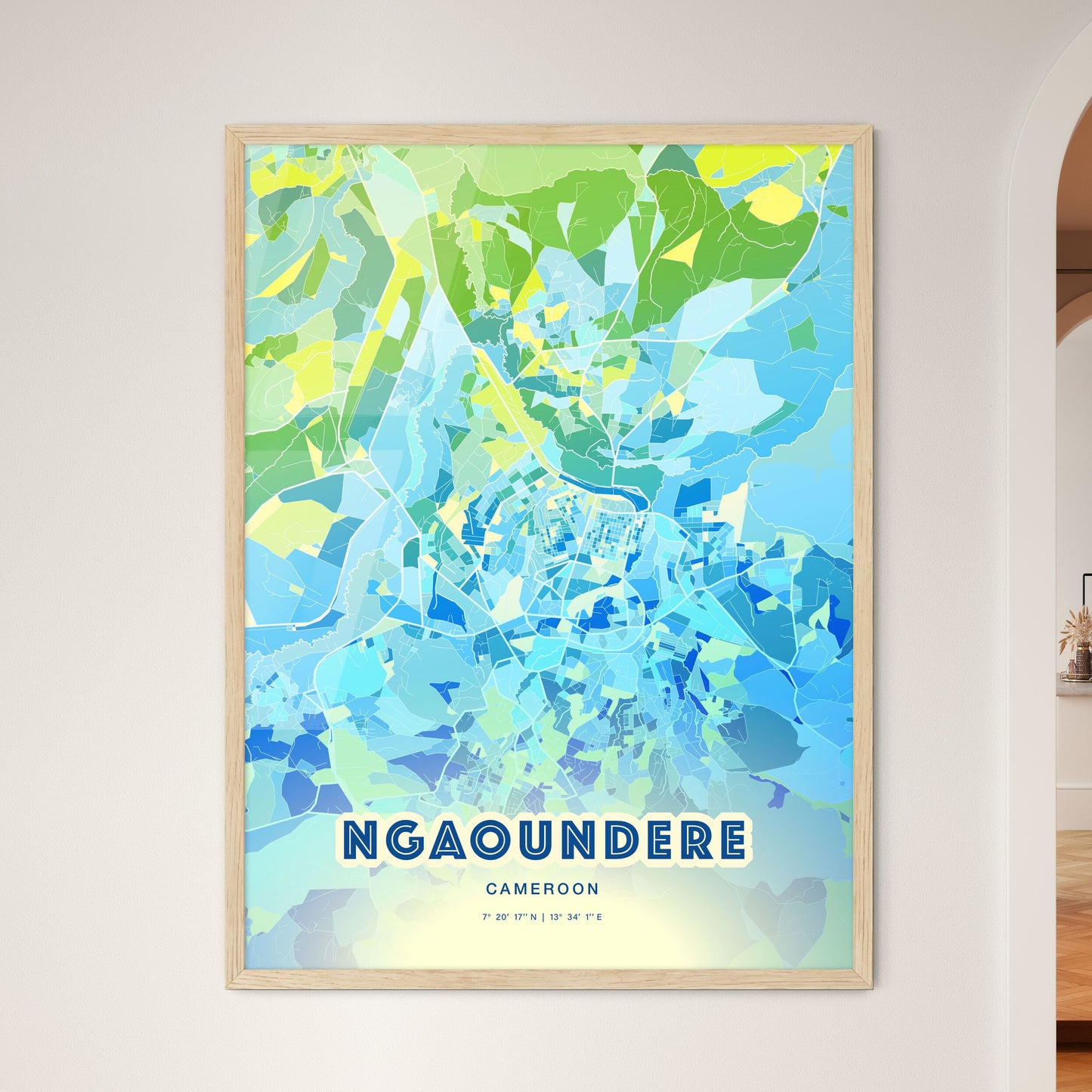 Colorful NGAOUNDERE CAMEROON Fine Art Map Cool Blue
