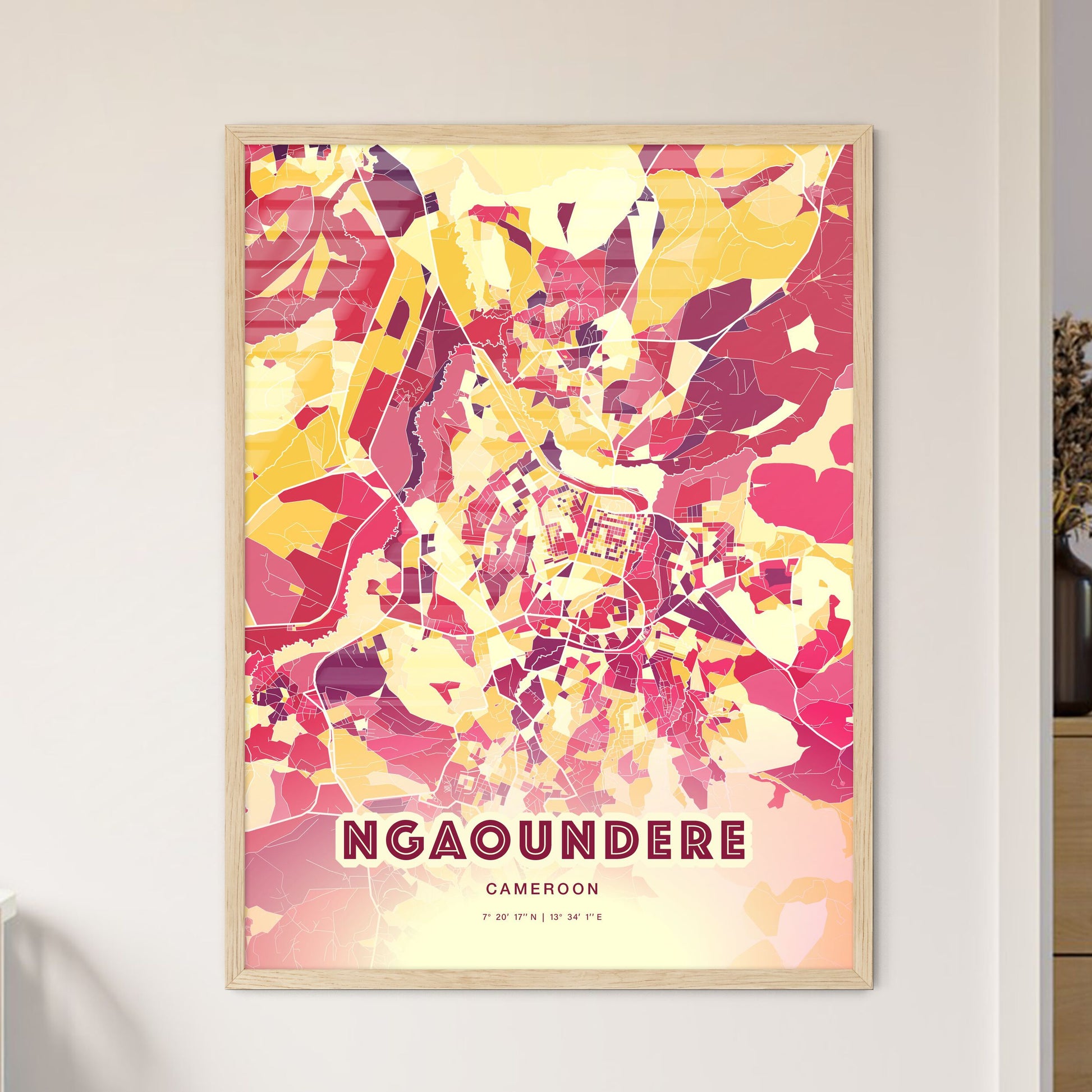 Colorful NGAOUNDERE CAMEROON Fine Art Map Hot Red